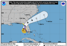 Eta weakens back to tropical storm as maximum sustained winds decrease